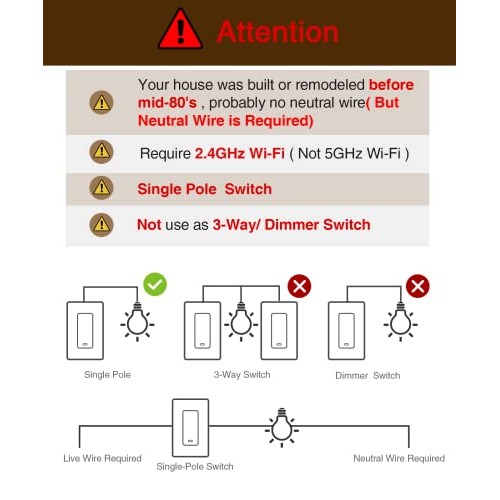OHMAX Smart Switch, Single Pole Not 3-Way 2.4Ghz WiFi Smart Ligh...