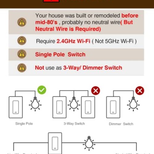 OHMAX Smart Switch, Single Pole Not 3-Way 2.4Ghz WiFi Smart Ligh...