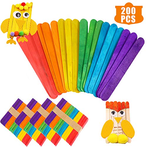200 PCS 4-1/2 Length Colorful Craft Sticks Colored Wooden Craft St...