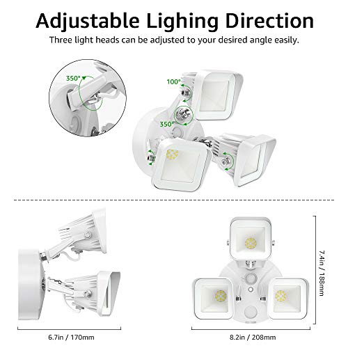 Olafus 2 Pack 50W LED Security Lights, 3-Head Outdoor Flood Light,...