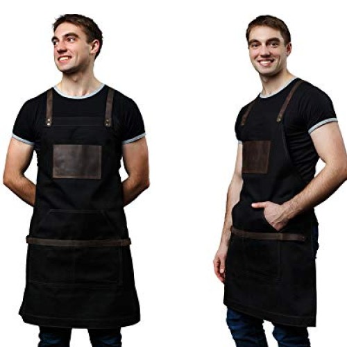 Black Work Apron in Canvas and Leather Heavy Duty olpr.