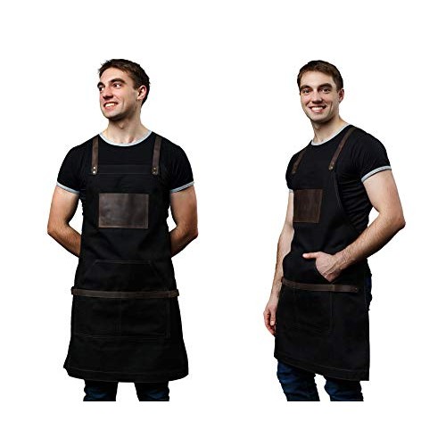 Black Work Apron in Canvas and Leather Heavy Duty olpr.