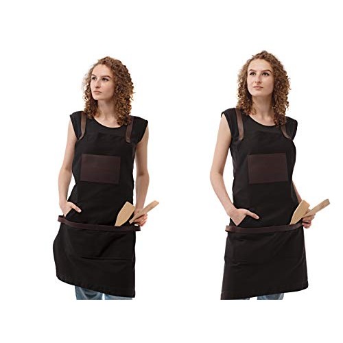 Black Work Apron in Canvas and Leather Heavy Duty olpr.