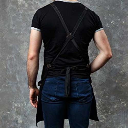 Black Work Apron in Canvas and Leather Heavy Duty olpr.
