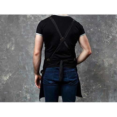 Black Work Apron in Canvas and Leather Heavy Duty olpr.