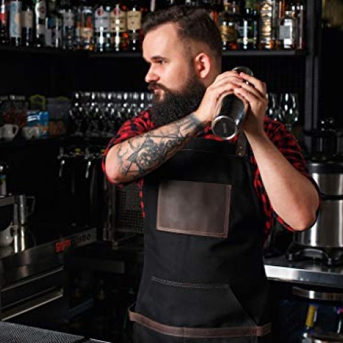 Black Work Apron in Canvas and Leather Heavy Duty olpr.