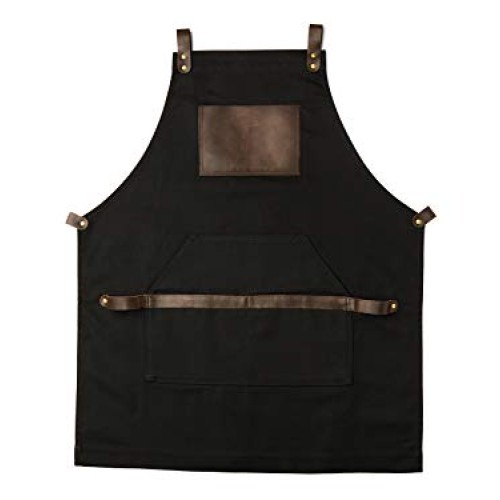 Black Work Apron in Canvas and Leather Heavy Duty olpr.