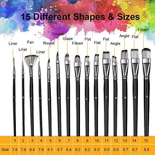 Artist Paint Brush Set,15Pcs Different Shapes & Sizes Paint Brushe...