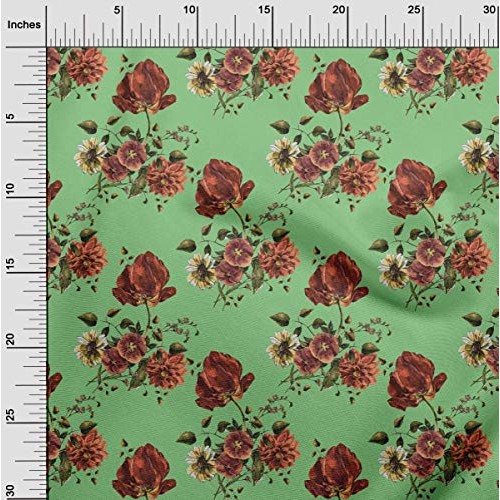 oneOone Cotton Poplin Mint Green Fabric Leaves & Floral Artistic S...
