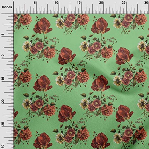 oneOone Cotton Poplin Mint Green Fabric Leaves & Floral Artistic S...