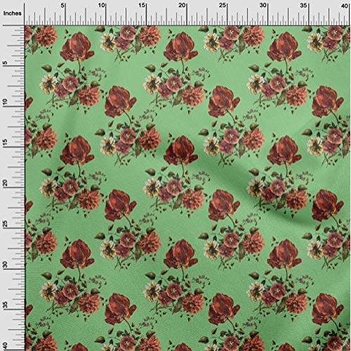 oneOone Cotton Poplin Mint Green Fabric Leaves & Floral Artistic S...