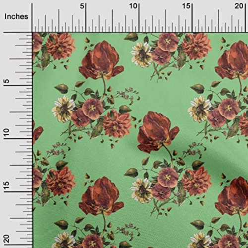 oneOone Cotton Poplin Mint Green Fabric Leaves & Floral Artistic S...