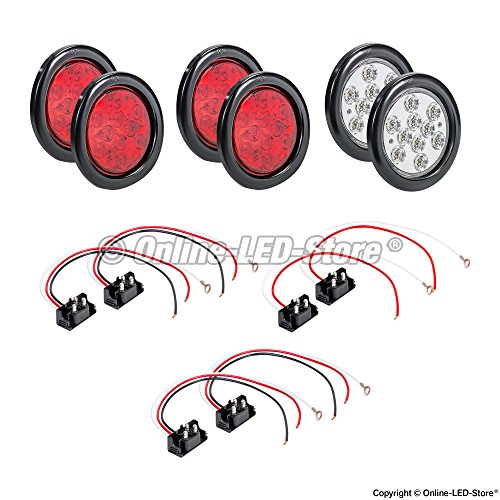 4 Red + 2 White 4 Round LED Trailer Tail Light Kit DOT Certified...
