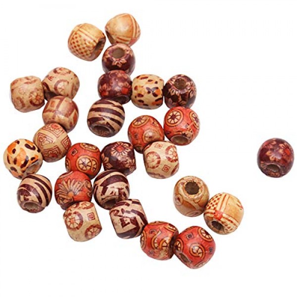Onwon 100 Pieces 12mm Painted Pattern Barrel Beads Wooden Beads Mi...