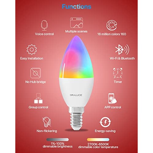 ORALUCE Smart Light Bulbs, WiFi＆Bluetooth E12 Smart Bulbs That Wo...