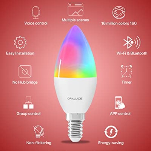 ORALUCE Smart Light Bulbs, WiFi＆Bluetooth E12 Smart Bulbs That Wo...