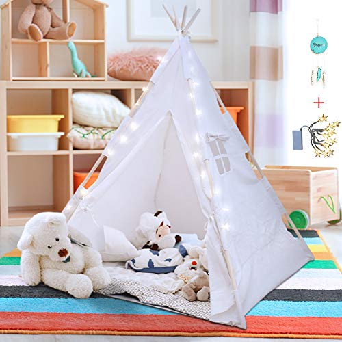 Teepee Tent for Kids with LED Star Lights, Floor Mat, Dream Catche...