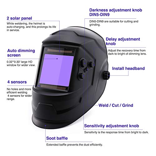 Large Viewing Screen Solar Powered Auto Darkening Welding Helmet, ...