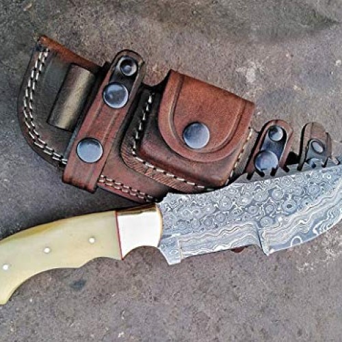 Ottoza Custom Handmade Damascus Tracker Knife with Bone Handle - S...