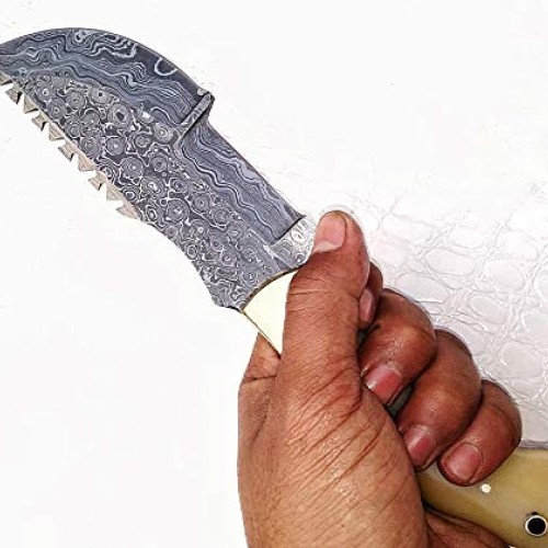 Ottoza Custom Handmade Damascus Tracker Knife with Bone Handle - S...