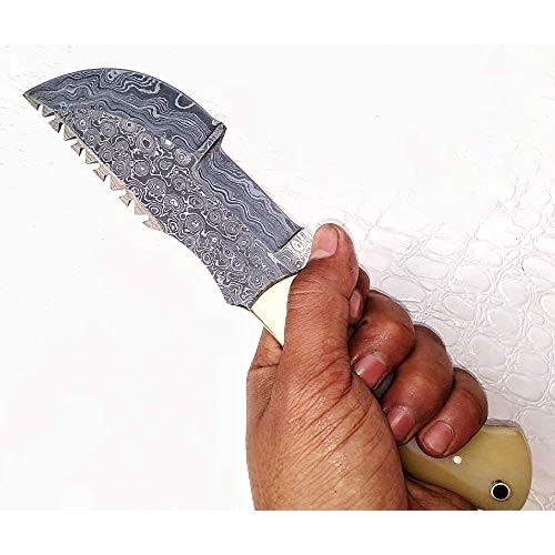 Ottoza Custom Handmade Damascus Tracker Knife with Bone Handle - S...