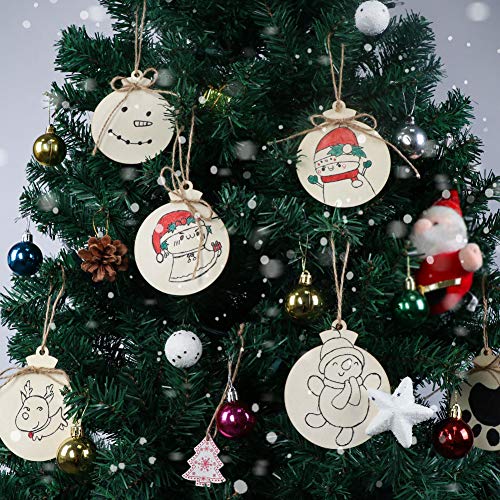 OurWarm 50pcs Round Wooden Ornaments Unfinished with Hole, 4 Pred...