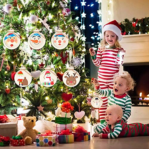 OurWarm 50pcs Round Wooden Ornaments Unfinished with Hole, 4 Pred...