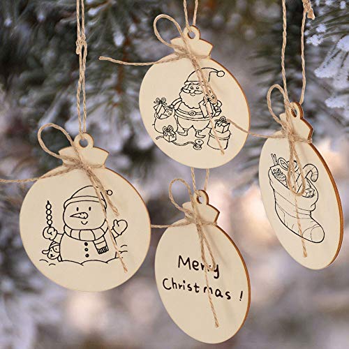 OurWarm 50pcs Round Wooden Ornaments Unfinished with Hole, 4 Pred...
