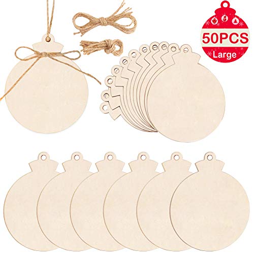 OurWarm 50pcs Round Wooden Ornaments Unfinished with Hole, 4 Pred...