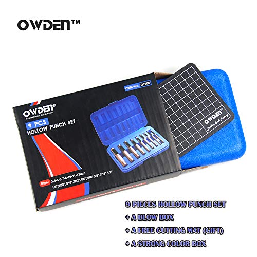 Owden 9 pieces hollow punch set 1/8-1/2 with a free cutting ma...