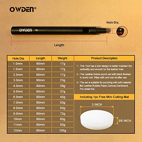 OWDEN Professional 13 Pcs Leather Hole Punch Set Slim Style 1.0-...