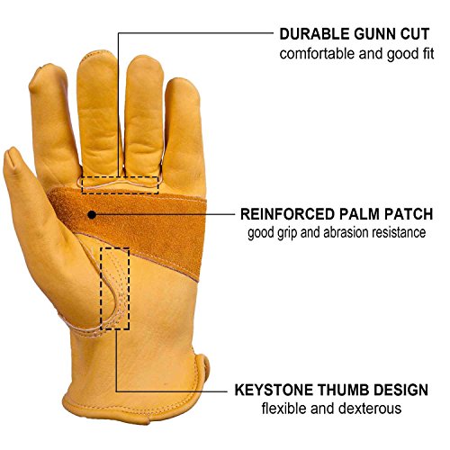 OZERO Flex Grip Leather Work Gloves Stretchable Wrist Tough Cowhid...