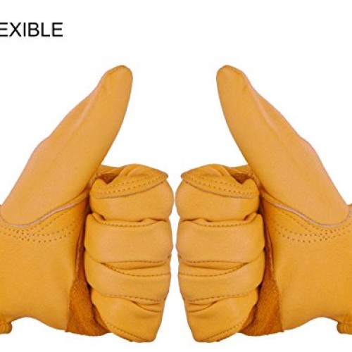 OZERO Flex Grip Leather Work Gloves Stretchable Wrist Tough Cowhid...
