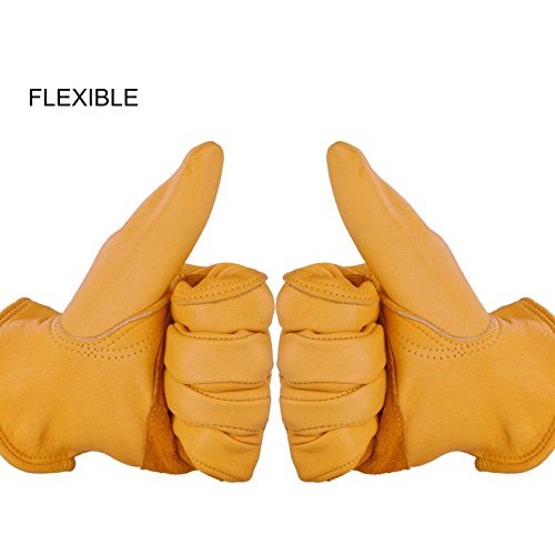 OZERO Flex Grip Leather Work Gloves Stretchable Wrist Tough Cowhid...