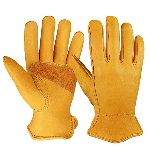 OZERO Flex Grip Leather Work Gloves Stretchable Wrist Tough Cowhid...