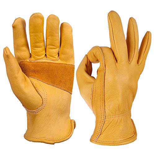 OZERO Flex Grip Leather Work Gloves Stretchable Wrist Tough Cowhid...