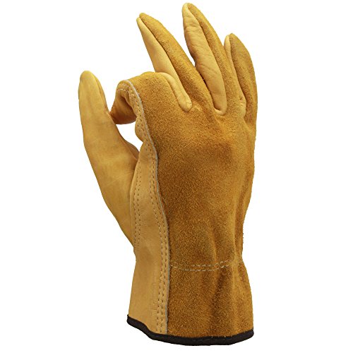 OZERO Leather Work Gloves Flex Grip Tough Cowhide Garden Glove for...