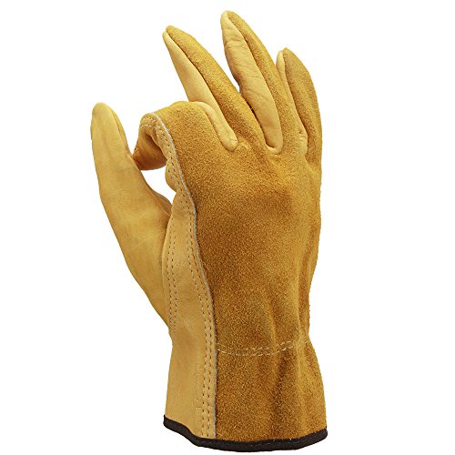 OZERO Leather Work Gloves Flex Grip Tough Cowhide Garden Glove for...
