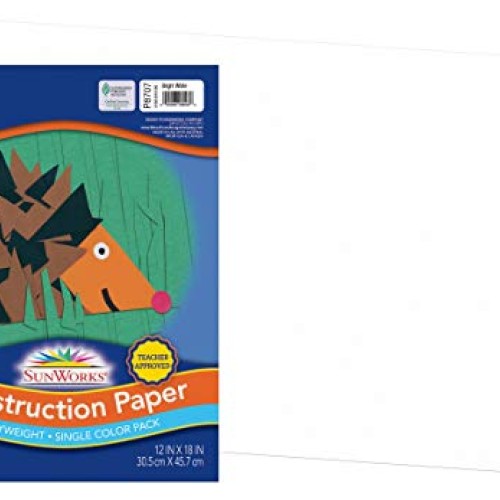 SunWorks Construction Paper, Bright White, 12 x 18, 50 Sheets