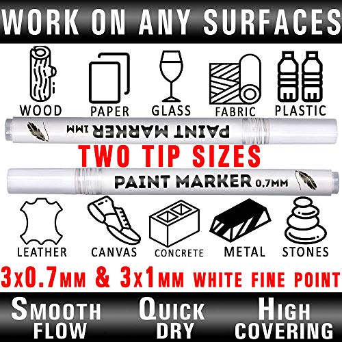 White Paint Markers, 6 Pack 2 Point Sizes 1mm and 0.7mm, Water-Bas...