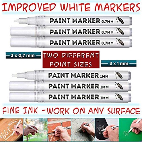 White Paint Markers, 6 Pack 2 Point Sizes 1mm and 0.7mm, Water-Bas...