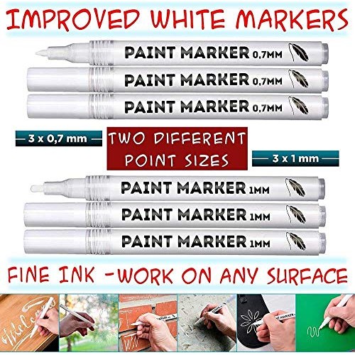 White Paint Markers, 6 Pack 2 Point Sizes 1mm and 0.7mm, Water-Bas...