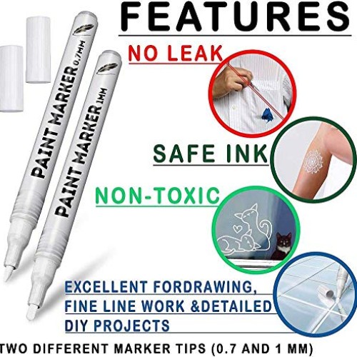 White Paint Markers, 6 Pack 2 Point Sizes 1mm and 0.7mm, Water-Bas...