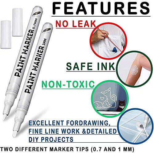 White Paint Markers, 6 Pack 2 Point Sizes 1mm and 0.7mm, Water-Bas...