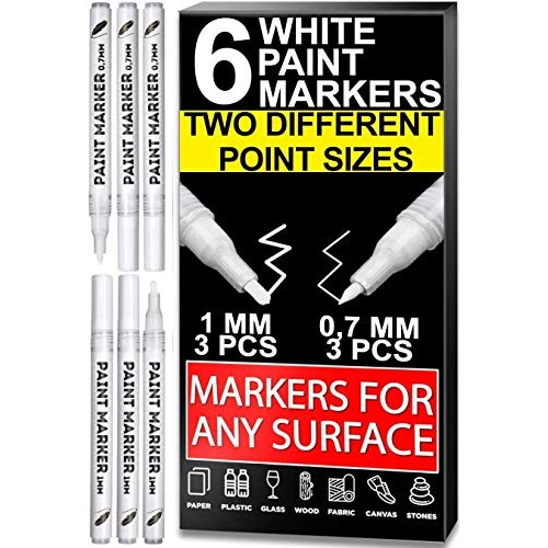 White Paint Markers, 6 Pack 2 Point Sizes 1mm and 0.7mm, Water-Bas...