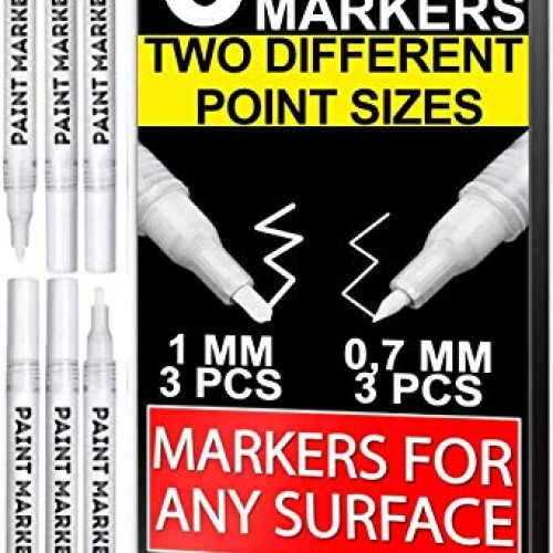 White Paint Markers, 6 Pack 2 Point Sizes 1mm and 0.7mm, Water-Bas...
