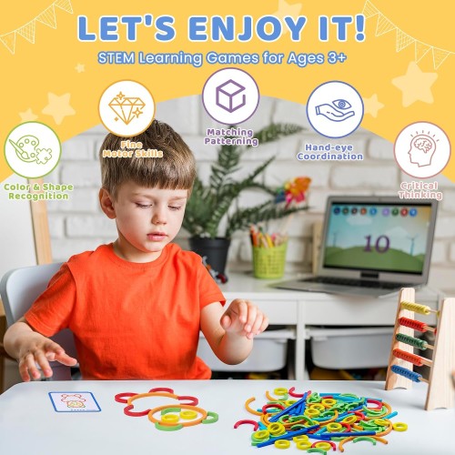 142pcs Wooden Pattern Blocks Montessori Smart Sticks Wooden Tangram Puzzle STEM Toy Activities Preschool Brain Teaser Montessori Toys Gift for 3 4 5 Years Old Kids Boys Girls