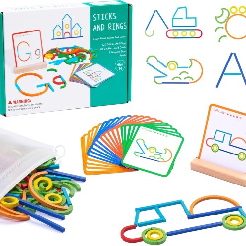 142pcs Wooden Pattern Blocks Montessori Smart Sticks Wooden Tangram Puzzle STEM Toy Activities Preschool Brain Teaser Montessori Toys Gift for 3 4 5 Years Old Kids Boys Girls