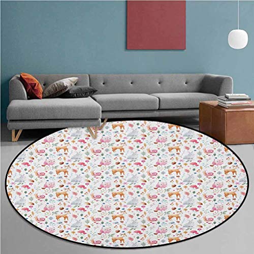 Nursery Outdoor Round Rug Indoor Outdoor Cute Animals Deer Snail O...