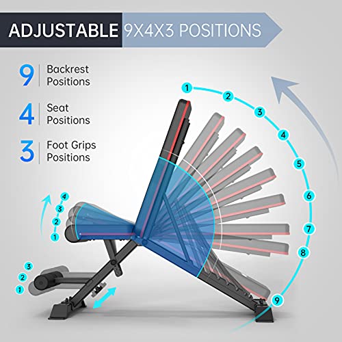 PASYOU Adjustable Weight Bench Press 9x4x3 Positions, Foldable W...
